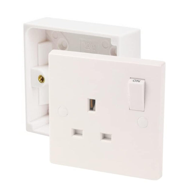White square edge 13A 1 gang switched socket with 25mm surface mount pattress box