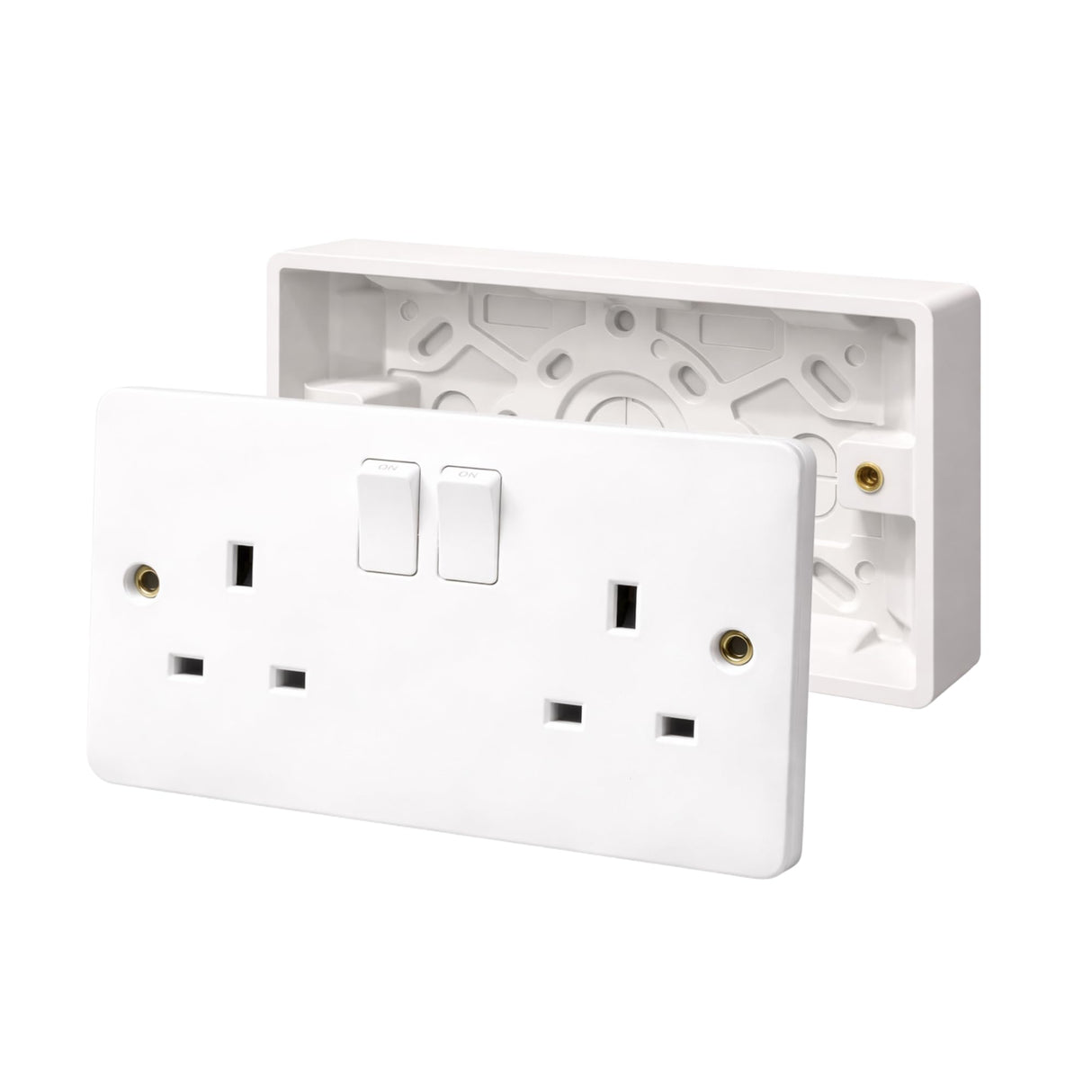 White 2 gang 13A switched socket with 25mm surface pattress box