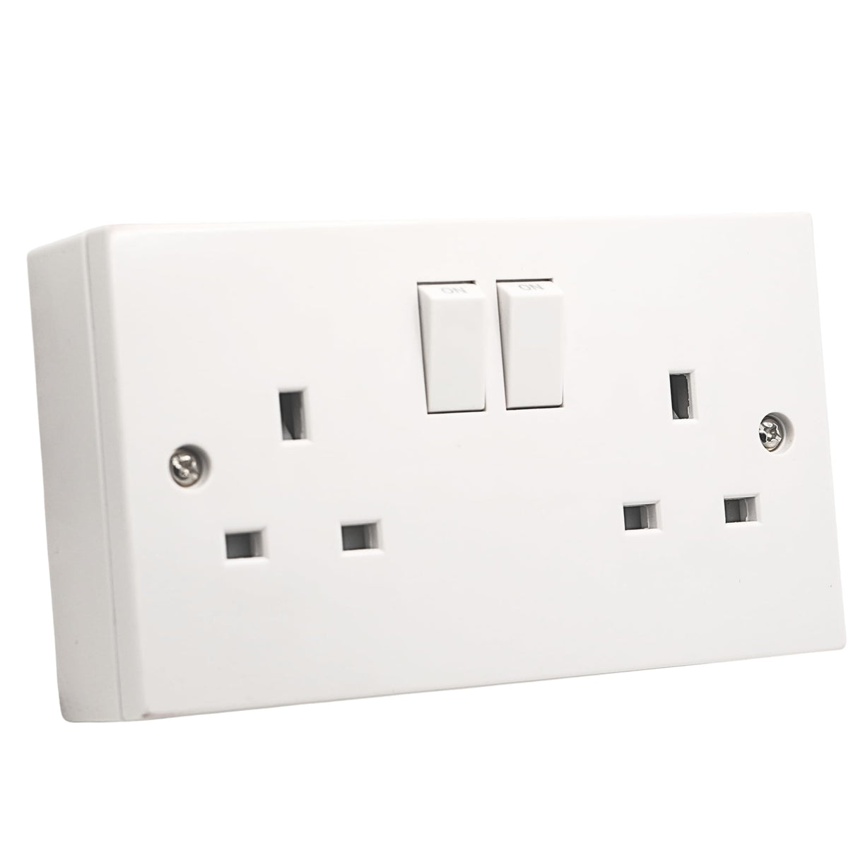 White square edge 13A 2 gang switched socket with 25mm surface mount pattress box