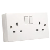 White square edge 13A 2 gang switched socket with 25mm surface mount pattress box