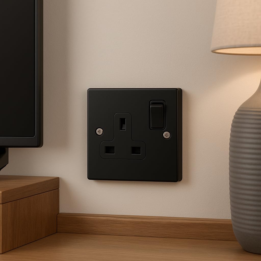 SH|P® COMPACT 3mm Thin Plate Ultra Matt Black Metal 13A 1 Gang Socket and 25mm Plastic Surface Mount Pattress Box