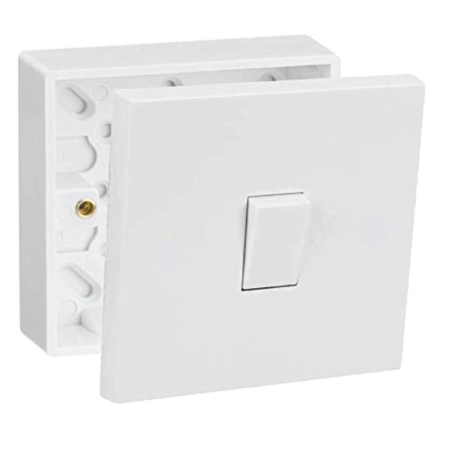 White square edge 10A 1 gang 2 way switch with 25mm surface mount pattress box