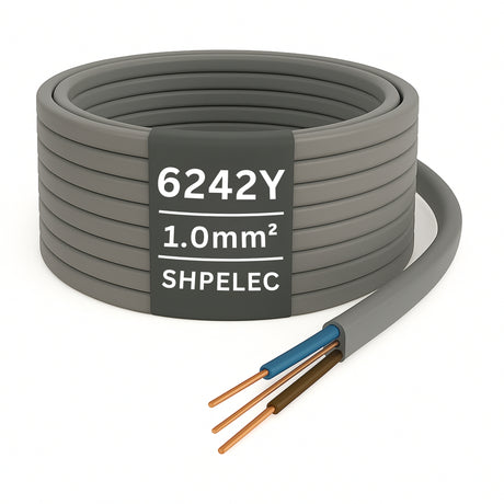 6242Y 1.0mm twin and earth lighting cable with flat grey PVC sheath, ideal for domestic lighting circuits