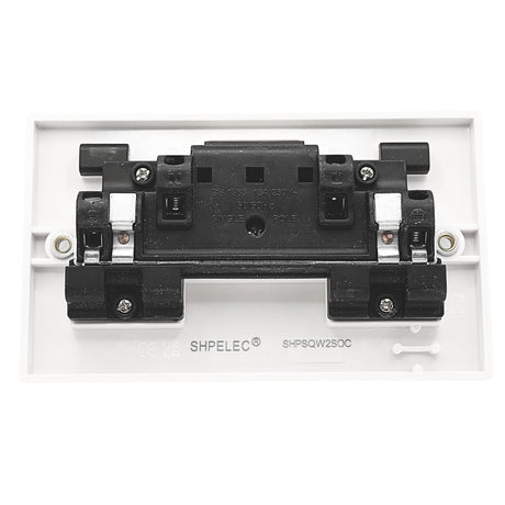 Rear view of white 13A 2 gang switched socket with surface mount box