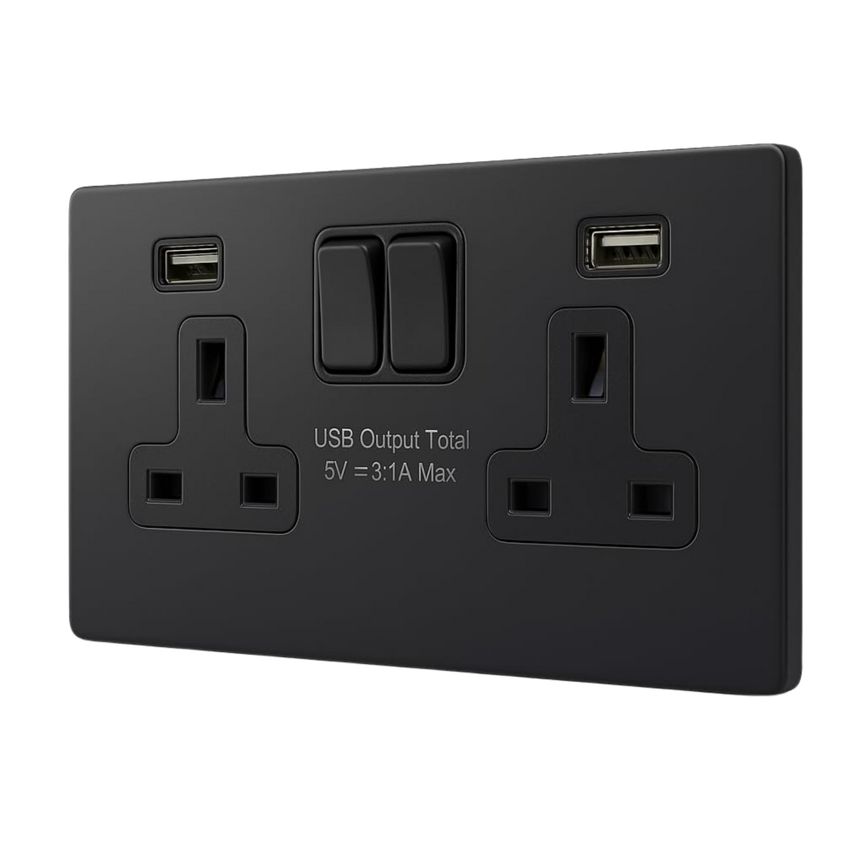 Double Switched Socket with USB-AA – 15W Fast Charge SH|P®  – Matt Black Metal Faceplate (13A, 2 Gang)