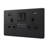 Double Switched Socket with USB-AA – 15W Fast Charge SH|P®  – Matt Black Metal Faceplate (13A, 2 Gang)
