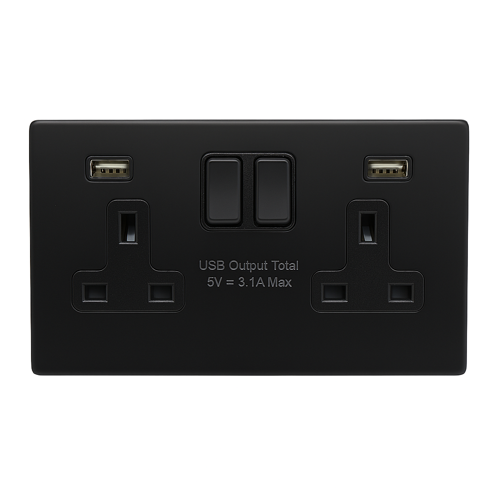 Double Switched Socket with USB-AA – 15W Fast Charge SH|P®  – Matt Black Metal Faceplate (13A, 2 Gang)