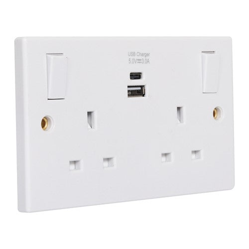 SHPELEC® White Square Edge 13A 2G Switched Socket with 2 USB Ports (A+C)