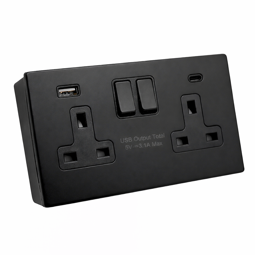 SH|P® Concealed 2 Gang 13A Switched Socket with 15W FASTCHARGE USB Ports (Type A + C) – Screwless Matte Black with 32mm Surface Mount Back Box