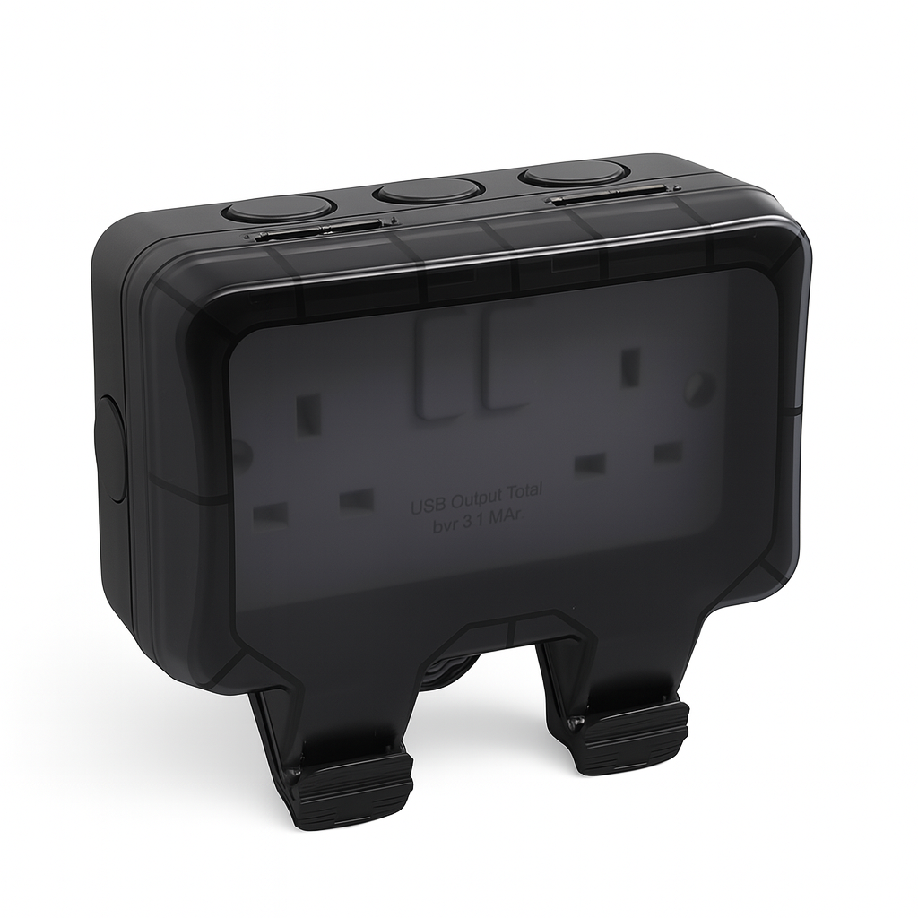 SH|P® Outdoor Double Socket | IP66 Rated Waterproof 13A Black Switched Power Socket with Cover – Weatherproof UK Plug Socket