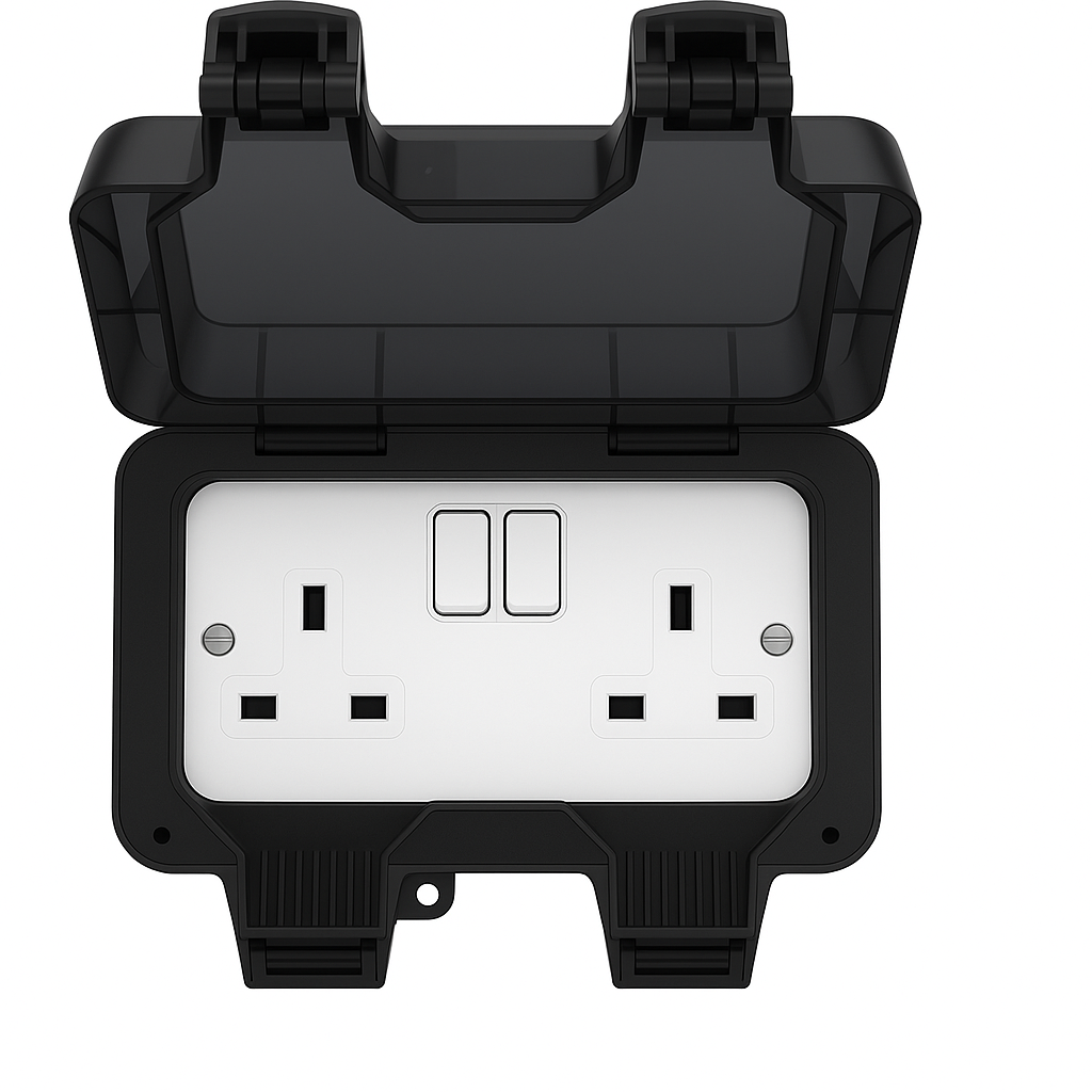 SH|P® Outdoor Double Socket | IP66 Rated Waterproof 13A Black Switched Power Socket with Cover – Weatherproof UK Plug Socket