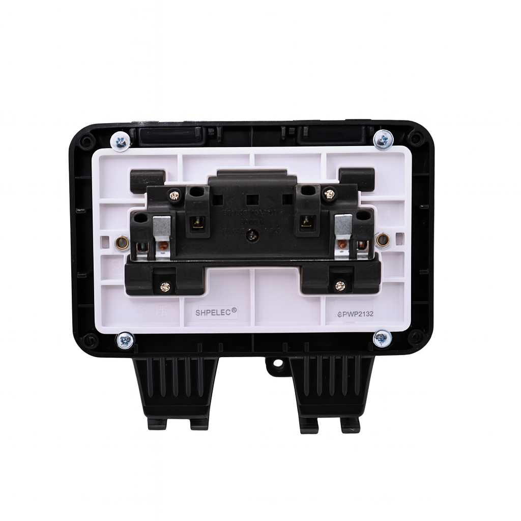 SH|P® Outdoor Double Socket | IP66 Rated Waterproof 13A Black Switched Power Socket with Cover – Weatherproof UK Plug Socket