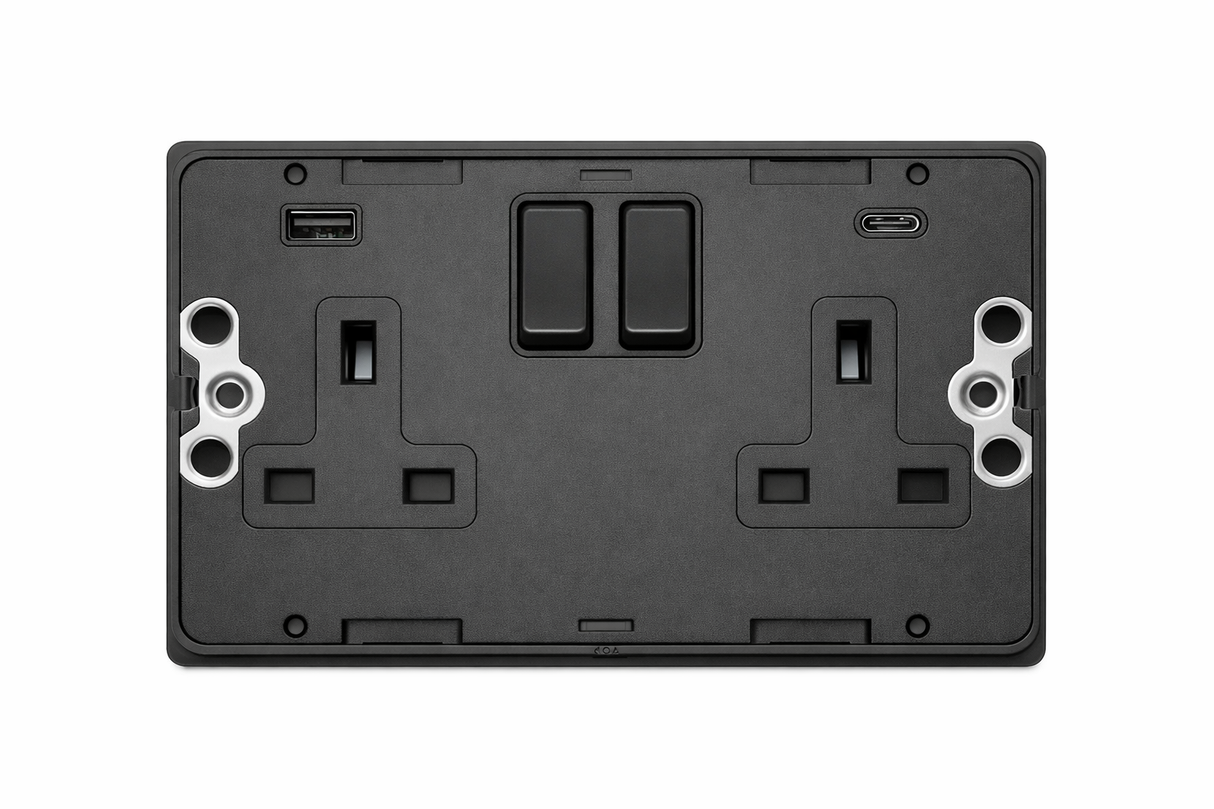 SH|P® Concealed 2 Gang 13A Switched Socket with 15W FASTCHARGE USB Ports (Type A + C) – Screwless Matte Black with 32mm Surface Mount Back Box