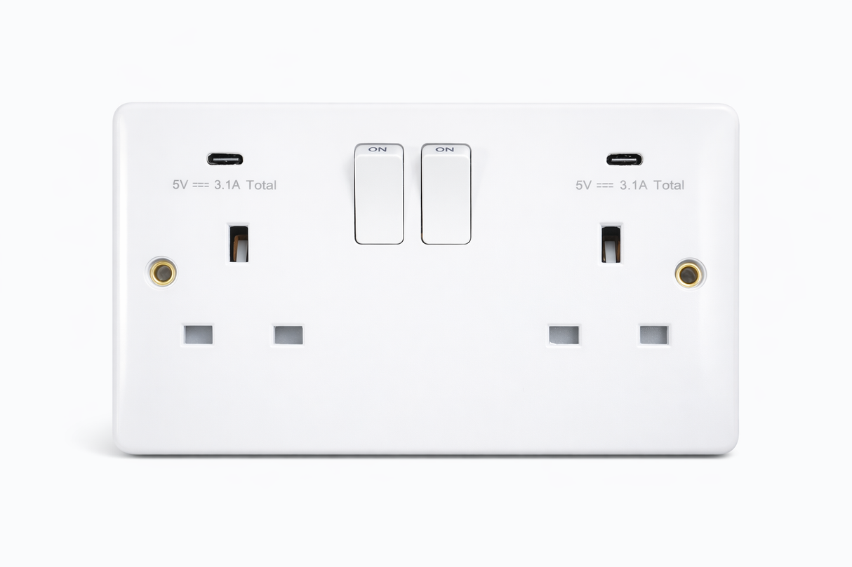 SHPELEC® White 2 Gang Switched Socket with Dual USB-C Ports | Round Edge | 13A | 5V 3.1A Per Port | BS 1363