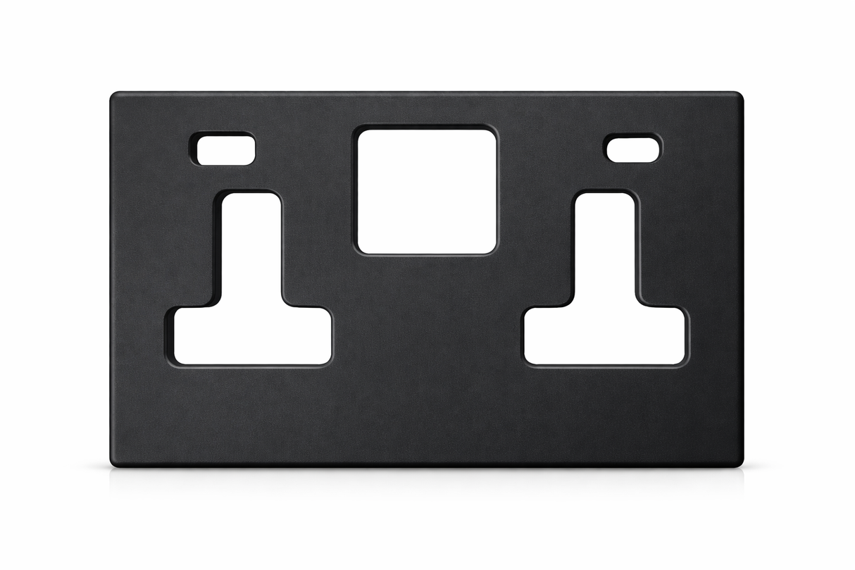SH|P® Concealed 2 Gang 13A Switched Socket with 15W FASTCHARGE USB Ports (Type A + C) – Screwless Matte Black with 32mm Surface Mount Back Box