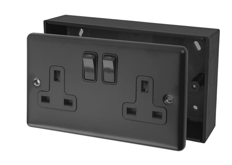 Matt Black 2 gang 13A switched socket and 35mm Surface Mount Back Box