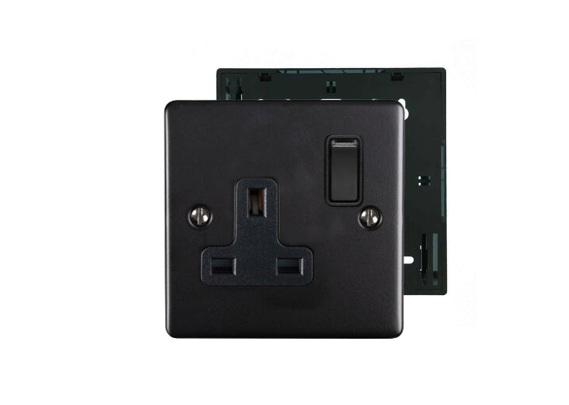 Matt Black 1 Gang 13A Switched Socket and 35mm Surface Mount Back Box
