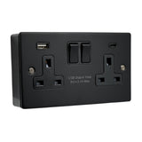 SH|P® 2 Gang 13A Switched Socket with 15W FASTCHARGE USB Ports (Type A + C) – Matte Black with 32mm Surface Mount Back Box