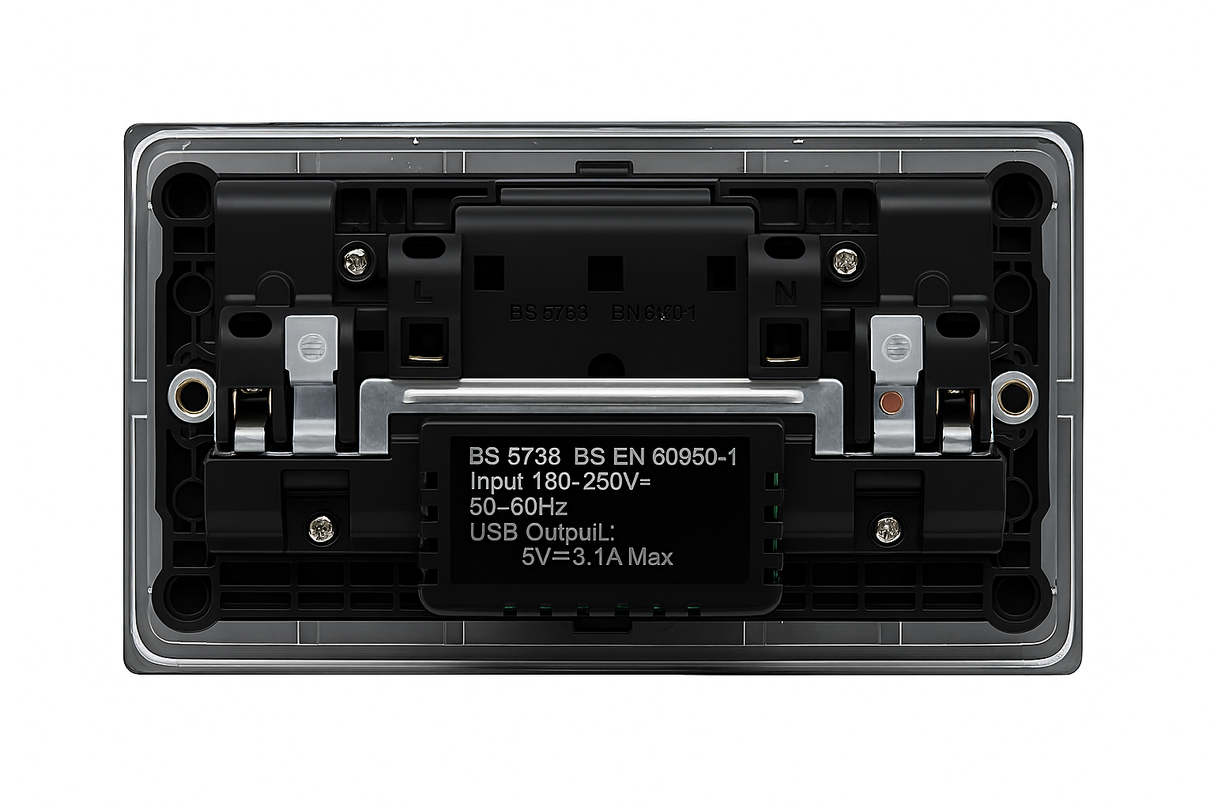 Double Switched Socket with USB-C + USB-A – 15W Fast Charge SH|P®  – Screwless Matt Black Metal Faceplate (13A, 2 Gang)