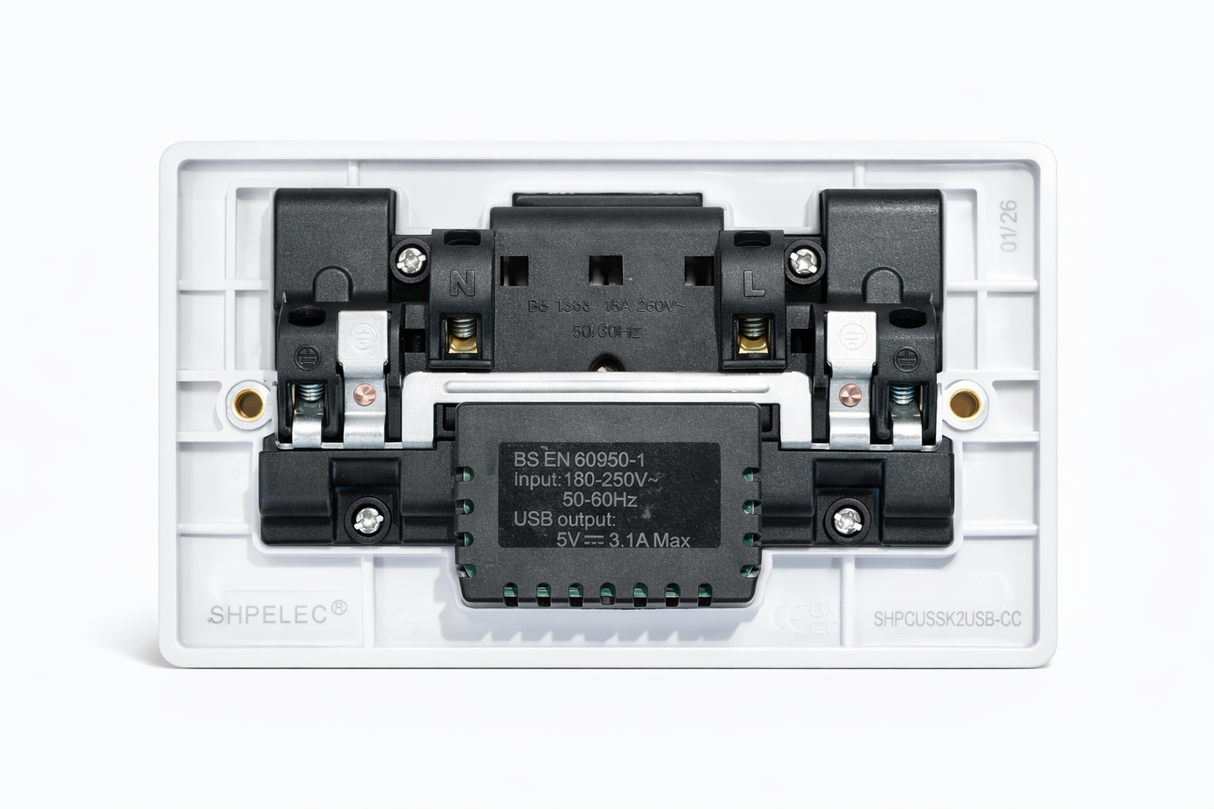 SHPELEC® White 2 Gang Switched Socket with Dual USB-C Ports | Round Edge | 13A | 5V 3.1A Per Port | BS 1363