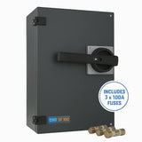100A 3-Phase TPN Switch Fuse – Grey Steel Enclosure, Surface-Mount, Includes 3 x 100A Fuses