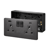SH|P® Concealed 2 Gang 13A Switched Socket with 15W FASTCHARGE USB Ports (Type A + C) – Screwless Matte Black with 32mm Surface Mount Back Box