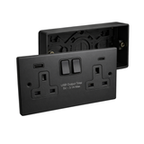 SH|P® 2 Gang Switched Socket – Matte Black, 13A, USB A+C Fast Charge (15W) + 35mm Back Box
