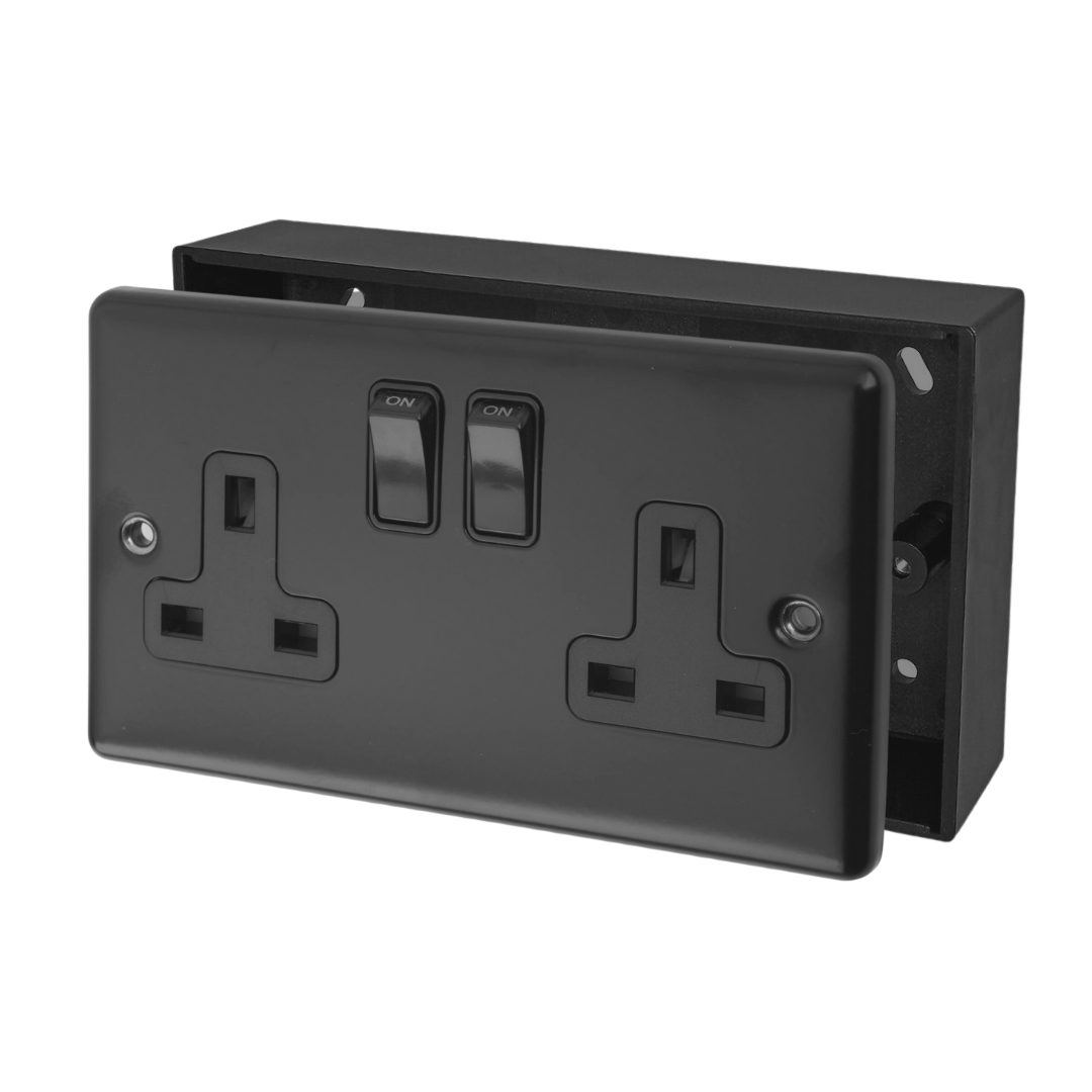SH|P Matt Black 2 Gang 13A Switched Socket and 28mm Bakelite Surface M ...