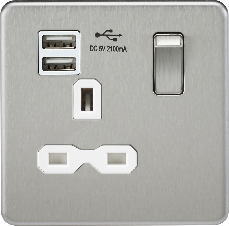 Screwless 13A 1G switched socket with dual USB charger (2.1A) - brushed chrome with white insert