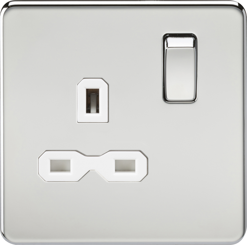Screwless 13A 1G DP switched socket - polished chrome with white insert