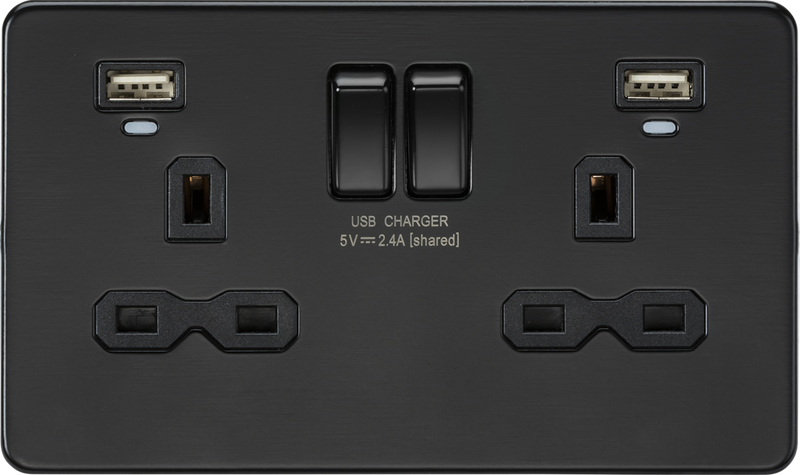 13A 2G Switched Socket, Dual USB (2.4A) with LED Charge Indicators - Matt Black