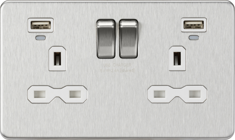 13A 2G Switched Socket, Dual USB (2.4A) with LED Charge Indicators - Brushed Chrome w/white insert