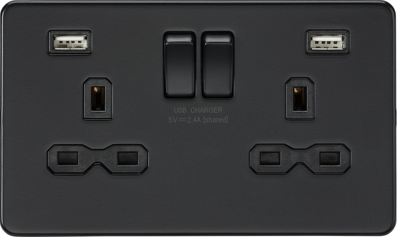 13A 2G switched socket with dual USB charger A + A (2.4A) - Matt black