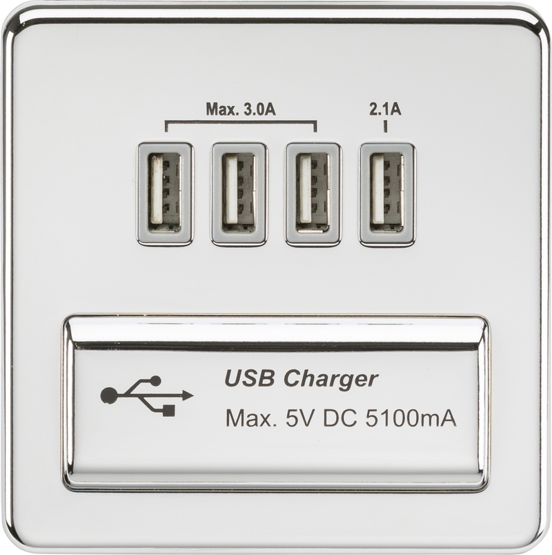 Screwless Quad USB charger Outlet (5.1A) - Polished chrome with grey insert