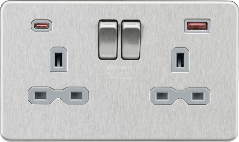 13A 2G DP Switched Socket with Dual USB A+C [45W FASTCHARGE] - Brushed Chrome with grey insert