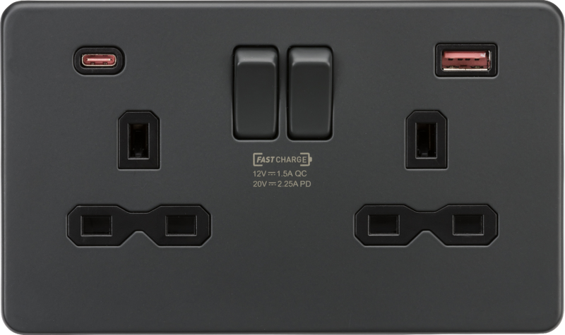 13A 2G DP Switched Socket with Dual USB A+C {45W FASTCHARGE] - Anthracite