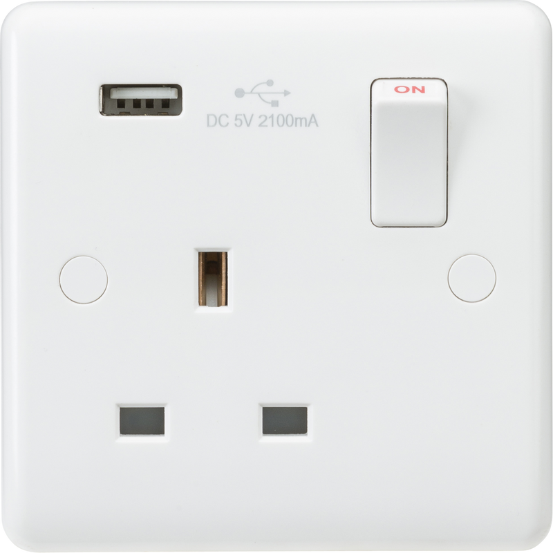 Curved Edge 13A 1G Switched Socket with USB Charger (5V DC 2.1A)