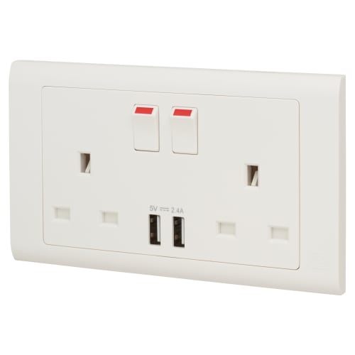 MK Essentials 13A 2 Gang Type A USB Socket with 2 x USB - 2A - White