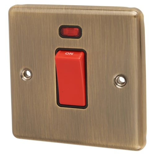 Eurolite Enhance Decorative 45A 1 Gang DP Cooker Switch with Neon - Antique Brass with Black Inserts