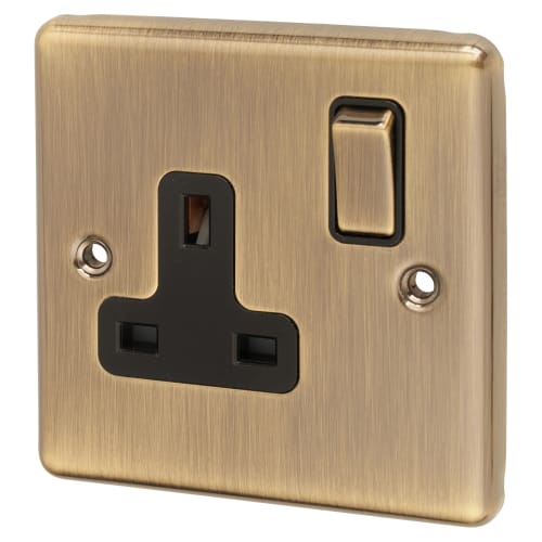 Eurolite Enhance Decorative 13A 1 Gang Switched DP Socket - Antique Brass with Black Inserts