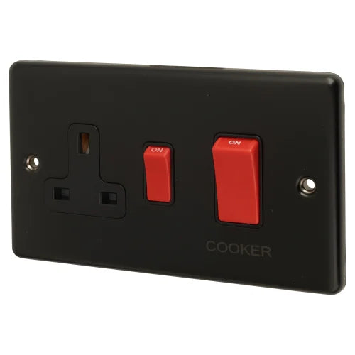 Enhance Matt Black 45A DP Cooker Switch and 13A Switched Socket with Black Insert