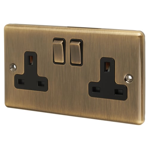 Eurolite Enhance Decorative 13A 2 Gang Switched DP Socket - Antique Brass with Black Inserts