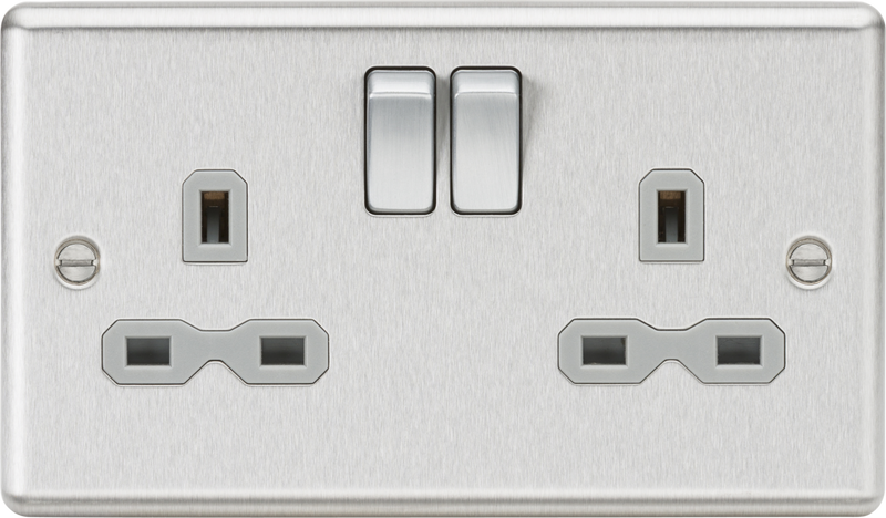 13A 2G DP Switched Socket with Grey Insert - Rounded Edge Brushed Chrome