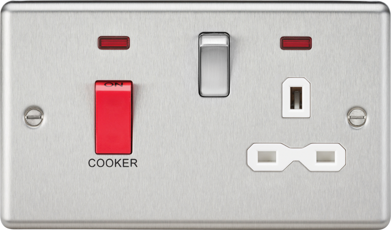 45A DP Cooker Switch & 13A Switched Socket with Neons & White Insert - Rounded Edge Brushed Chrome