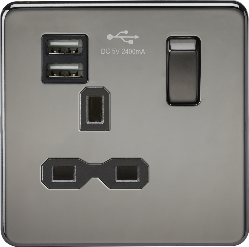Screwless 13A 1G switched socket with dual USB charger (2.4A) - black nickel with black insert