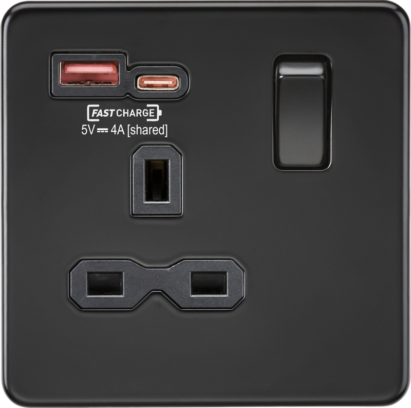 13A 1G Switched Socket with dual USB [FASTCHARGE] A+C - Matt Black