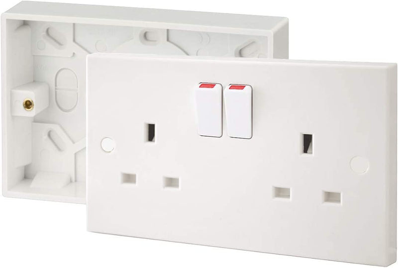 13A Double White Switched Socket & Premium Double Surface Mount 25mm Pattress Box 2 Gang Set Electrical Outlets - Screw Caps Included