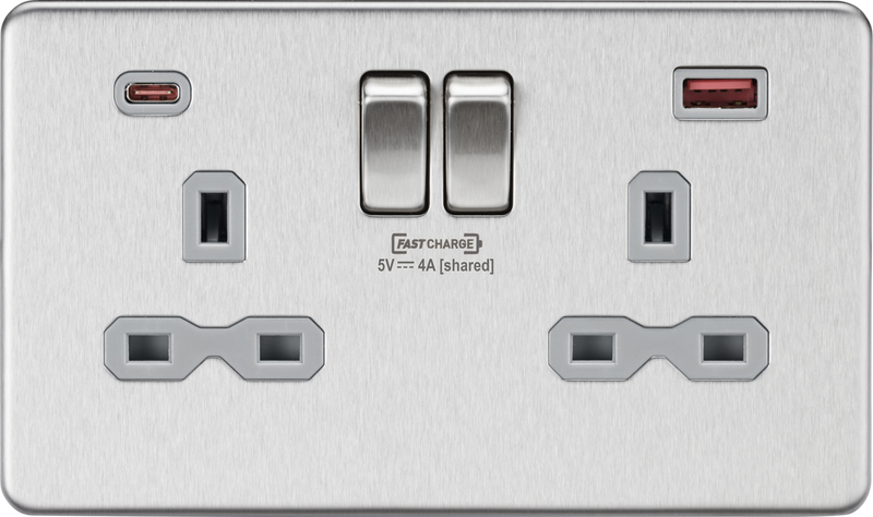 13A 2G DP Switched Socket with dual USB [FASTCHARGE] A+C - Brushed Chrome with grey insert
