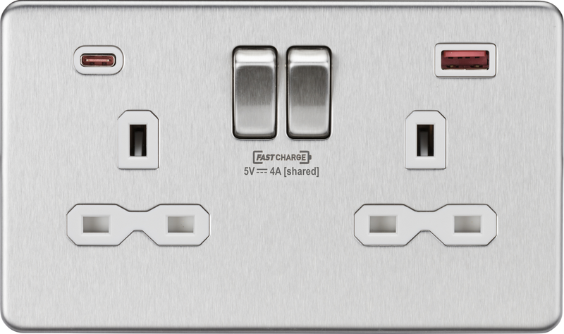 13A 2G DP Switched Socket with dual USB [FASTCHARGE] A+C - Brushed Chrome with white insert
