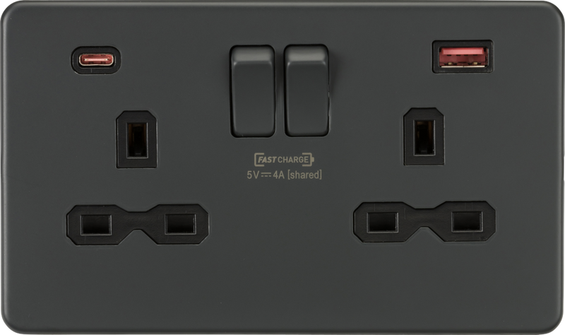 13A 2G DP Switched Socket with Dual USB Charger A+C (max. 18W QC/PD FASTCHARGE) - Anthracite